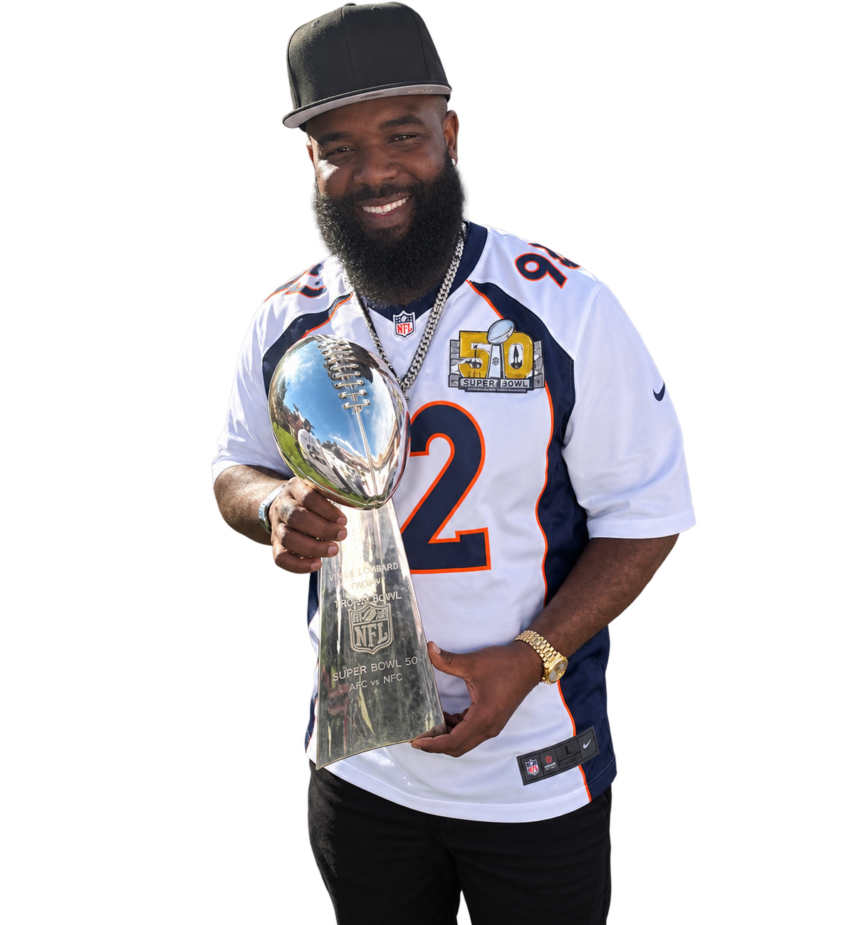 Sylvester Williams wearing his Denver Broncos jersey and holding the Lombardi Trophy